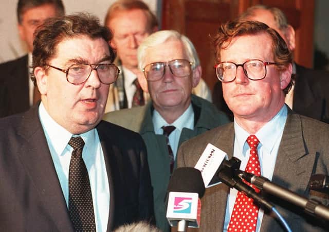 UUP leader David Trimble, right, and SDLP leader John Hume won the Nobel Peace Prize for their work in securing the Belfast/Good Friday Agreement. Photo by Brian Thompson/PA. SEE PA