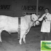 Caldwell McAskie from Omagh with Mountjoy Friar, the supreme champion at the Northern Ireland Charolais Club's April sale at the Automart, Portadown in 1991. Picture: Eddie Harvey/Farming Life archives
