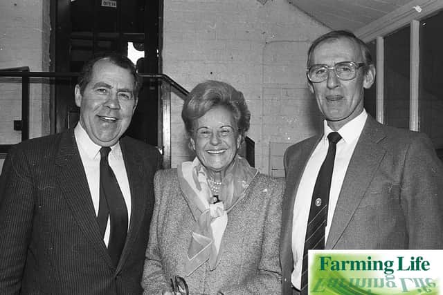 Douglas Graham, left, from Enniskillen, who judged the animals at the at the Northern Ireland Charolais Club's April sale at the Automart, Portadown in 1991, he is pictured with Mrs Shiela McAlpine, president of the British Charolais Cattle Society, and Norman McClelland from Coleraine, chairman of the Northern Ireland Charolais Club. Picture: Eddie Harvey/Farming Life archives