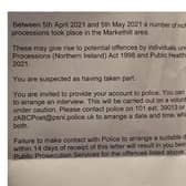 This letter has reportedly been delivered to bandsmen in the Markethill area on the night of Friday May 14 and also on Saturday May 15.