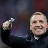 Brendan Rodgers, Manager of Leicester City celebrates with his Emirates FA Cup winners medal following The Emirates FA Cup Final match between Chelsea and Leicester City. (Photo by Kirsty Wigglesworth - Pool/Getty Images)