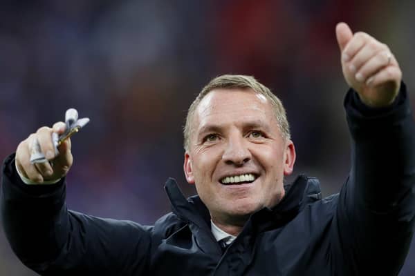 Brendan Rodgers, Manager of Leicester City celebrates with his Emirates FA Cup winners medal following The Emirates FA Cup Final match between Chelsea and Leicester City. (Photo by Kirsty Wigglesworth - Pool/Getty Images)