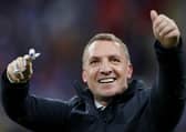 Brendan Rodgers, Manager of Leicester City celebrates with his Emirates FA Cup winners medal following The Emirates FA Cup Final match between Chelsea and Leicester City. (Photo by Kirsty Wigglesworth - Pool/Getty Images)