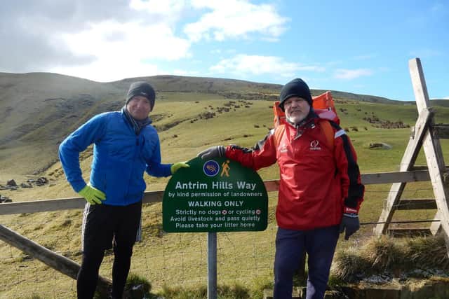 Bob Loade (right) and Allan McCullough hiked for 10 miles through the Antrim Hills to celebrate the end of Bob’s chemotherapy treatment, raising almost £3,000 for Christian Aid.