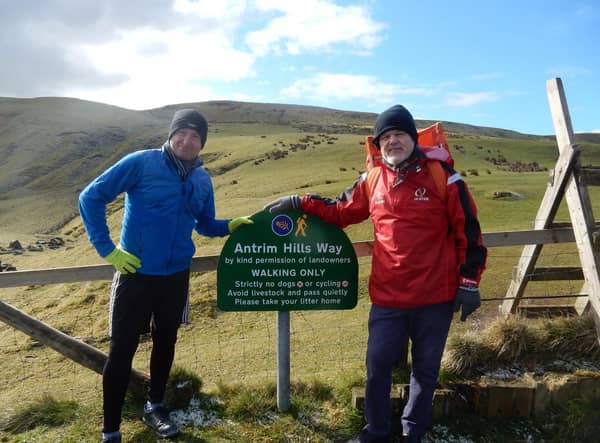 Bob Loade (right) and Allan McCullough hiked for 10 miles through the Antrim Hills to celebrate the end of Bob’s chemotherapy treatment, raising almost £3,000 for Christian Aid.