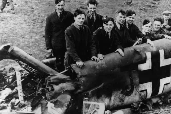 May 1941:  The debris of the Messerschmitt ME-110 from which Rudolf Hess bailed out over Eaglesham on his historic lone flight to Scotland to plead for an Anglo-German peace on the eve of Germany’s attack on Russia.  (Photo by Express/Express/Getty Images)