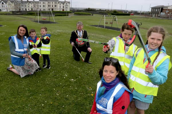 Bronagh Sweeney, Deirdre Doherty, Zachery Wallace, Jacob Wallace, Aileen Watters and Clodagh Watters from North Coast World Earth pictured with the Mayor of Causeway Coast and Glens Borough Council Alderman Mark Fielding at Metropole Park in Portrush
