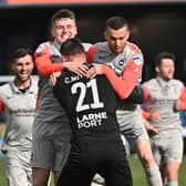 Larne celebrate their victory at Mourneview Park. Picture: Colm Lenaghan/Pacemaker