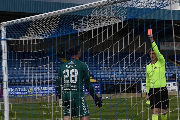 Crusaders keeper Jonathan Tuffey is sent off during a penalty shootout in the Irish Cup semi-final against Larne at Mourneview Park in Lurgan. Picture: Colm Lenaghan/Pacemaker