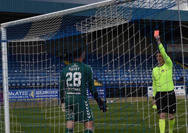 Crusaders keeper Jonathan Tuffey is sent off during a penalty shootout in the Irish Cup semi-final against Larne at Mourneview Park in Lurgan. Picture: Colm Lenaghan/Pacemaker