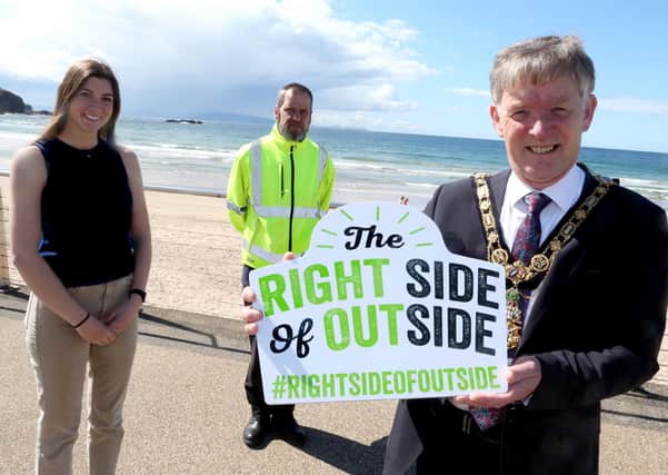 Mayor of Causeway Coast and Glens Borough Council Alderman Mark Fielding pictured at West Strand in Portrush to show his support for The Right Side of Outside campaign with Kerry Kirkpatrick, Outdoor Recreation NI’s Assistant Marketing and Events Officer and Craig McGowan, Council’s Operations Supervisor