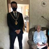 May Hawthorne with the Mayor, Councillor Peter Johnston and Mrs Jacqueline Stewart MBE DL.