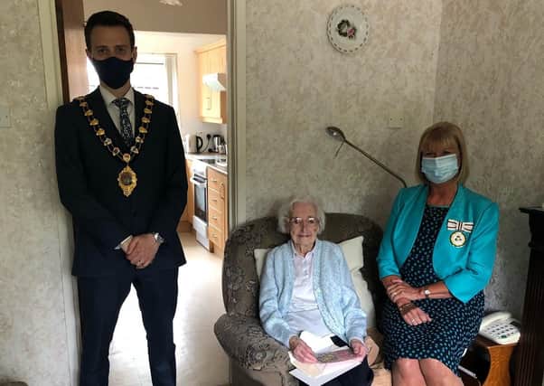 May Hawthorne with the Mayor, Councillor Peter Johnston and Mrs Jacqueline Stewart MBE DL.