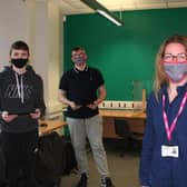 (L-R): Blaine Vernon (Lambeg), Andrew Megahey (Dunmurry), Paula Kirkwood, SERC Lecturer in Computing