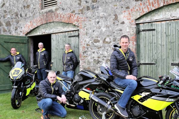 Trison McMullan Racing riders Barry Davidson, Darryl Anderson and Ryan Fenton with team owner Trison McMullan and mechanic William Graham. Picture: Martin McCormick.