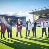 Portadown manager Matthew Tipton (right) at Burnley's Turf Moor alongside representatives from Ayr United, Llandudno and Cobh Ramblers following confirmation by the Premier League side of strategic partnerships with the four clubs. Pic courtesy of Burnley