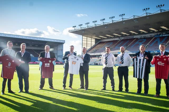 Portadown manager Matthew Tipton (right) at Burnley's Turf Moor alongside representatives from Ayr United, Llandudno and Cobh Ramblers following confirmation by the Premier League side of strategic partnerships with the four clubs. Pic courtesy of Burnley