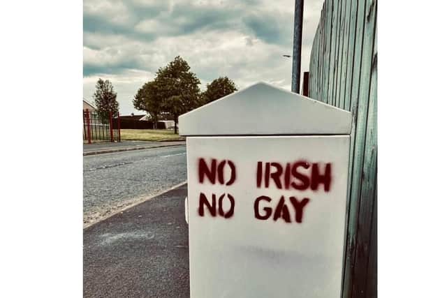 Racist and homophobic sign in Pollock Drive, Lurgan.