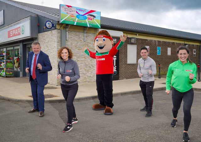 Principal Mr Jim Brady, St. Brigid’s Primary School Ballymena and Sinead Connolly, owner of SPAR Dunclug is pictured with Sammy SPAR, Paul Carvill from Healthy Kidz and Laura McKee from Henderson Group to celebrate over 300 schools across NI signing up for the Healthy Kidz Sports Day, in partnership with Henderson Group. Photo by Aaron McCracken