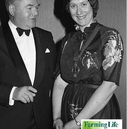 Mrs Linda Currie added another honour to her list of distinctions in April 1980 when she was the first lady guest of the Northern Ireland Grain Trade Association at their annual dinner at the Culloden Hotel, Holywood - as president she was representing the Young Farmers' Clubs of Ulster. She is pictured with NIGTA president Mr S G Saint. Picture: Farming Life archives
