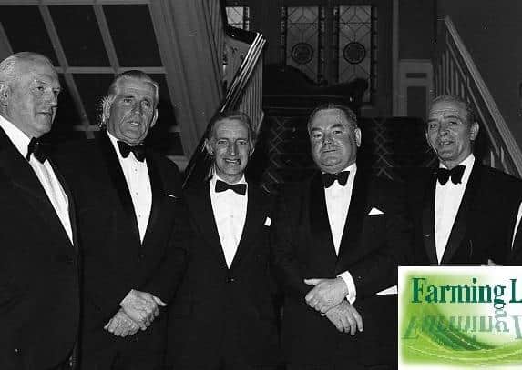 Pictured at the Northern Ireland Grain Trade Association annual dinner at the Culloden Hotel, Holywood, in April 1980 are: Mr S G Saint, president, third from right, with guests, from left, Mr John Dilworth, Pigs Marketing Board chairman, Mr John Lynn, Milk Marketing Board chairman, Mr John Laughlin, UFU president, Mr W H Gilliland, UFU general secretary, and Dr George Chambers, Milk Marketing Board. Picture: Farming Life archives