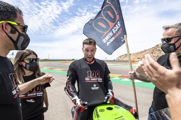 Jonathan Rea celebrates his 100th World Superbike victory at Motorland Aragon.