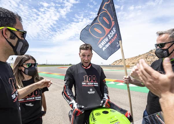 Jonathan Rea celebrates his 100th World Superbike victory at Motorland Aragon.