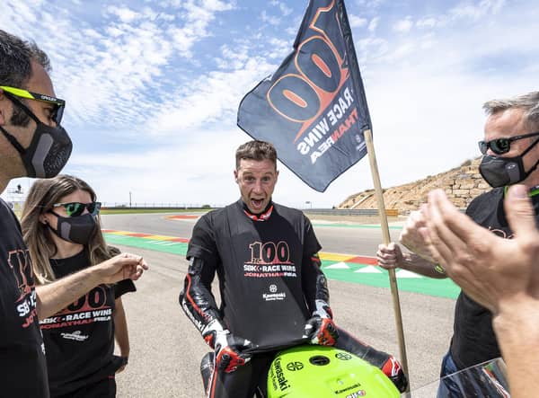 Jonathan Rea celebrates his 100th World Superbike victory at Motorland Aragon.