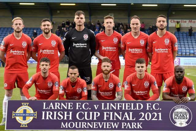 Larne players line out before Friday's Irish Cup final against Linfield. Pic by PressEye Ltd.
