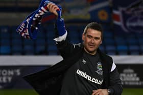 Linfield boss David Healy during Friday’s Irish Cup celebrations. Pic by Pacemaker.