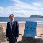 The Mayor of Causeway Coast and Glens Borough Council Alderman Mark Fielding pictured in Ballycastle ahead of the virtual Rathlin Sound Maritime Festival with Philip Robinson from Giant Tour