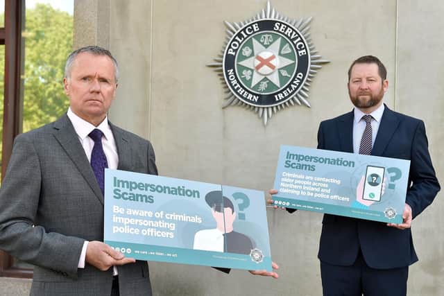 Detective Chief Inspector Ian Wilson from PSNI Economic Crime Unit (left) and The Commissioner for Older People for Northern Ireland Eddie Lynch have  launched a multi media campaign to urge the public to be vigilant of people impersonating police officers