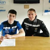 Darragh McBrien along with Dungannon Swifts manager Dean Shiels at the confirmation of the player's signing. Pic by Dungannon Swifts.