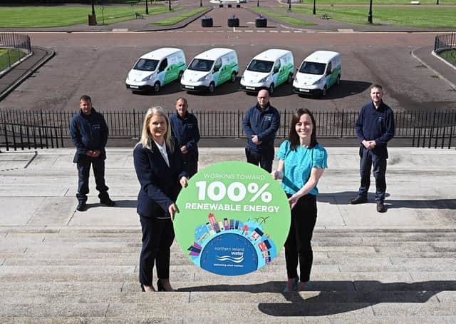 Pictured are Nichola Mallon, Infrastructure Minister with CEO of NI Water, Sara Venning with Electric Van drivers L-R John Paget (Belfast), Tommy Heaney (L/Derry), Stephen McGhee (Ballymena), Tom Diamond (North Coast)
