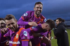 Andy Waterworth (top) during the midweek celebrations following Linfield’s title triumph. Pic by Pacemaker