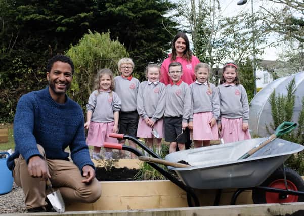 presenter Sean Fletcher joins Sharon McMaster from Kindergardencooks and pupils from Moira Primary School to find out more about growing and cooking your own food for the hit BBC show Countryfile