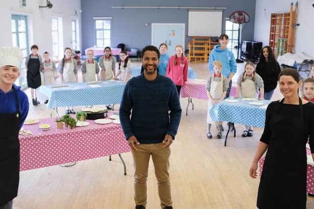 presenter Sean Fletcher (Good Morning Britain) and Adam B (You Tuber from Northern Ireland and current Blue Peter presenter).with Sharon McMaster, founder and director of Kindergardencooks and pupils from Moira Primary School