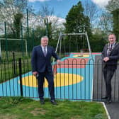 Councillor Cathal Mallaghan, Chair of Mid Ulster District Council is pictured with Conor Corr, Chair of Mid Ulster Rural Development Partnership, at the completed works in Stewartstown.