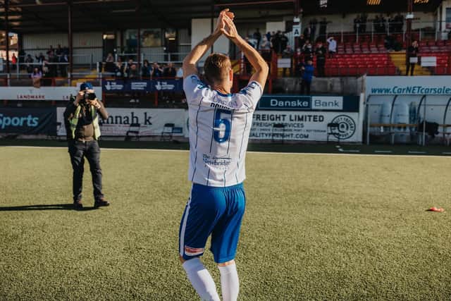 Steven Douglas salutes the crowd after making his final appearance in the Irish League on Saturday. PICTURE: David Cavan