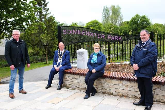 Mayor of Antrim and Newtownabbey,Cllr Jim Montgomery offically unveils the Centenary Way at Sixmilewater River Park. He is pictured with Ballyclare DEA Elected Members; Cllr Michael Stewart, Cllr Vera McWilliam and Cllr Norrie Ramsay.