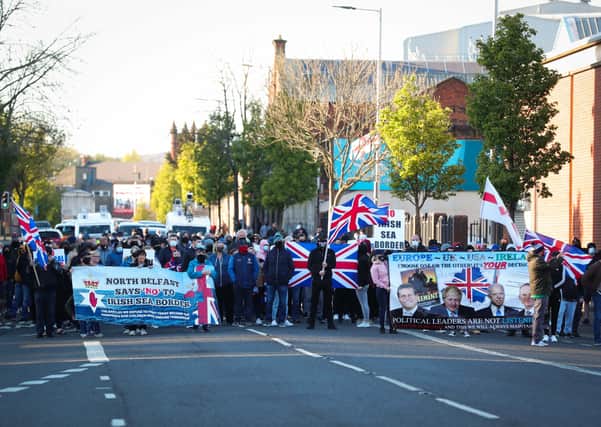 Loyalists take part in a peaceful protest in the Shore Road area of North Belfast. Photo by Kelvin Boyes / Press Eye