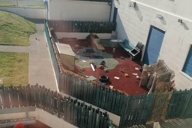 Police are appealing for information after damage was reported at the play area at Abbey Sure Start in Rathcoole.