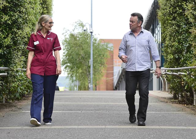 Ruth Boyd, Senior Research Nurse and cancer patient Ken McBride at the Cancer Centre at Belfast City Hospital.
Picture By: Arthur Allison Pacemaker.