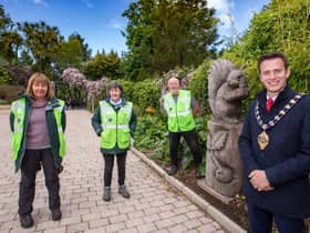 The Mayor of Mid  & East Antrim, Cllr Peter Johnston, with Carnfunnock Red Squirrel Group members Jennifer McManus, Derna McCurdy and Joe Dowdall.