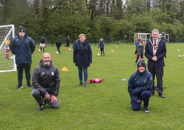 The Mayor of Causeway Coast and Glens Borough Council Alderman Mark Fielding and Alderman Sharon McKillop pictured at the Dundarave sports facility which elected members have agreed should be named in honour of Bobby Greer in recognition of his extraordinary contribution to the village