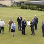 Pictured at Royal Portrush Golf which received the Freedom of the Borough from Causeway Coast and Glens Borough Council on May 21 are front (left-right), Mayoress Mrs Phyliss Fielding, David McCorkell, Lord Lieutenant for County Antrim, Dr Ian Kerr, Captain and the Mayor of Causeway Coast and Glens Borough Council Alderman Mark Fielding. Back row (left-right), Nicky Smith, Captain of the Ladies branch, Kath Stewart-Moore, President of the Ladies branch, Robert Barry, immediate past Captain, David McMullan, Honorary Secretary, Sir Richard McLaughlin, President and John Lawlor General Manager.Picture Steven McAuley/McAuley Multimedia