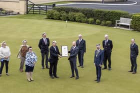 Pictured at Royal Portrush Golf which received the Freedom of the Borough from Causeway Coast and Glens Borough Council on May 21 are front (left-right), Mayoress Mrs Phyliss Fielding, David McCorkell, Lord Lieutenant for County Antrim, Dr Ian Kerr, Captain and the Mayor of Causeway Coast and Glens Borough Council Alderman Mark Fielding. Back row (left-right), Nicky Smith, Captain of the Ladies branch, Kath Stewart-Moore, President of the Ladies branch, Robert Barry, immediate past Captain, David McMullan, Honorary Secretary, Sir Richard McLaughlin, President and John Lawlor General Manager.Picture Steven McAuley/McAuley Multimedia