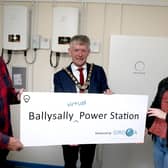The Mayor of Causeway Coast and Glens Borough Council Alderman Mark Fielding pictured with Samantha Watt and Adrian Eakin in the Project Girona power station at Ballysally