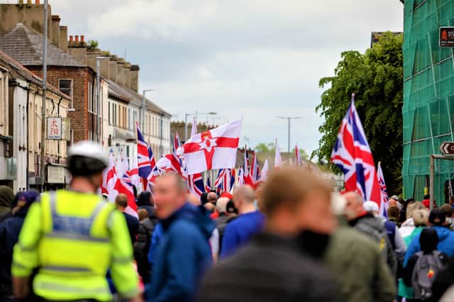 Press Eye - Belfast - Northern Ireland - 5th June 2021Hundreds attended a rally in Portadown, organised by a group calling themselves the Unionist and Loyalist Unified Coalition.Picture: Philip Magowan / Press Eye
