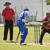 Bready's Steve Lazars with a nice caught and bowled during Sunday's win over Burndennett. Picture by Lawrence Moore